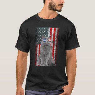 British Shorthair Cat US Flag Sunglasses Independe T-Shirt