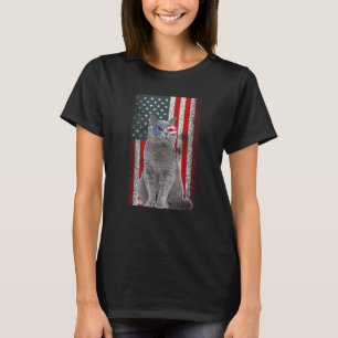 British Shorthair Cat US Flag Sunglasses Independe T-Shirt