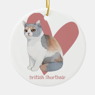 British Shorthair Cat Watercolor Kitty Pink Heart Ceramic Ornament