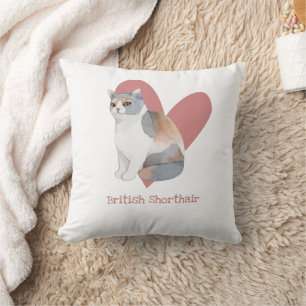 British Shorthair Cat Watercolor Kitty Pink Heart Cushion