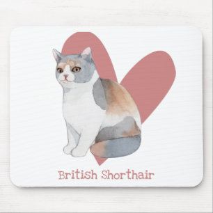 British Shorthair Cat Watercolor Kitty Pink Heart Mouse Pad
