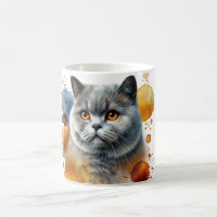 British Shorthair Cat Watercolor Portrait in Blue