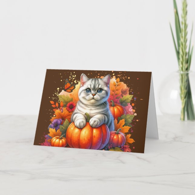 British Shorthair Cat with Pumpkin Card (Front)