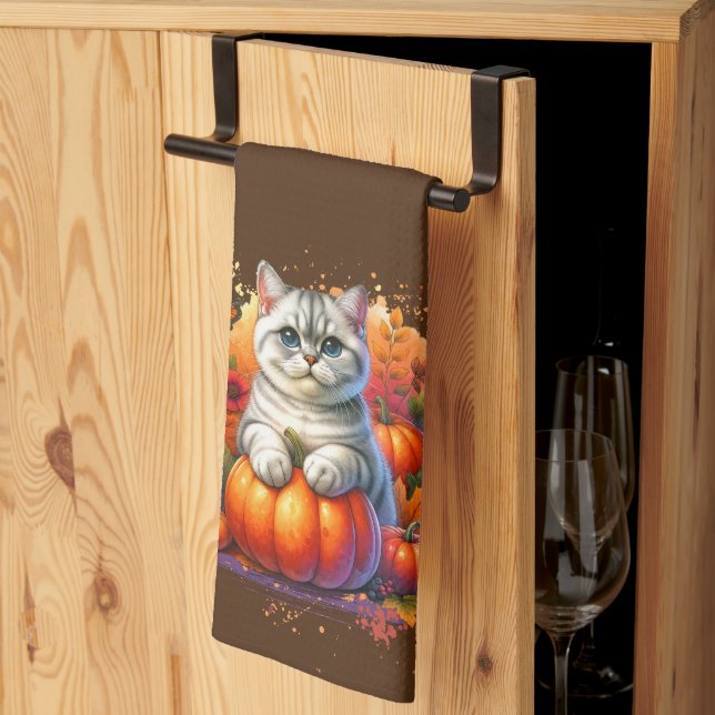 British Shorthair Cat with Pumpkin Tea Towel (Thirds Fold)