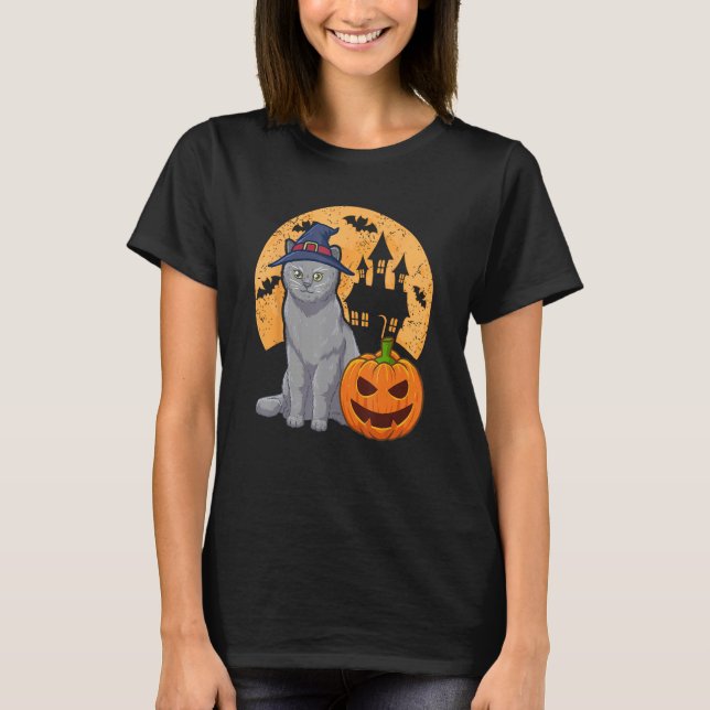 British Shorthair Cat With Witch Hat And Pumpkin H T-Shirt (Front)