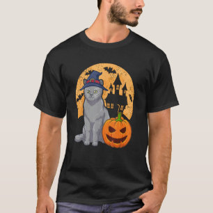 British Shorthair Cat With Witch Hat And Pumpkin H T-Shirt
