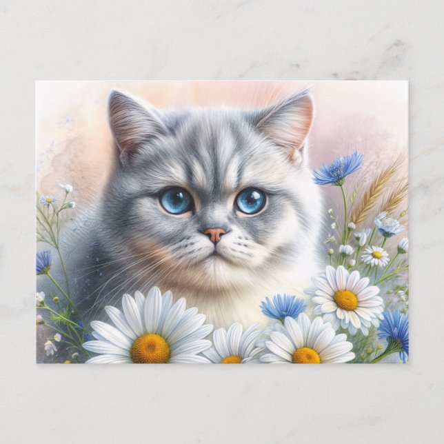British Shorthair Floral Cat Portrait Postcard (Front)
