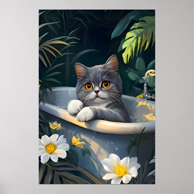 British Shorthair In Bathtub Poster, Funny Cat Poster (Front)