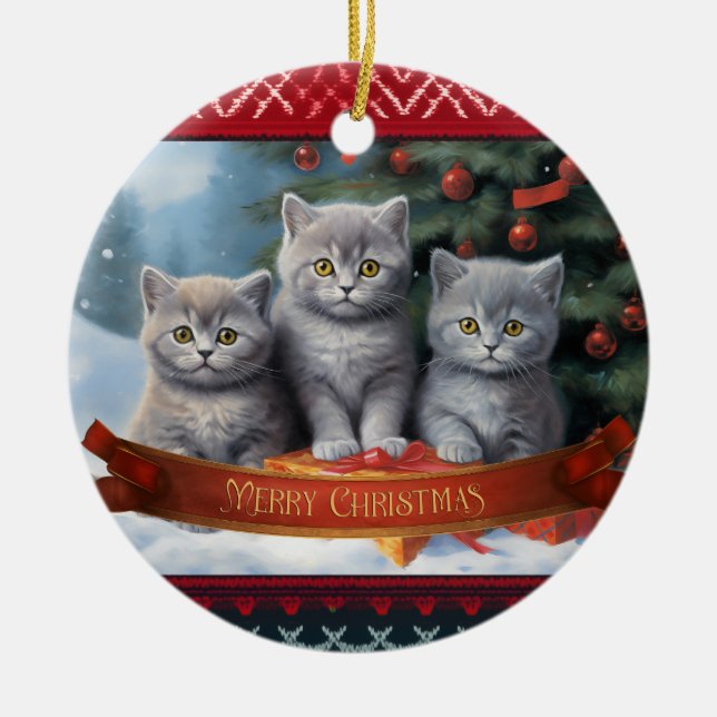 British shorthair kittens christmas ceramic ornament (Front)