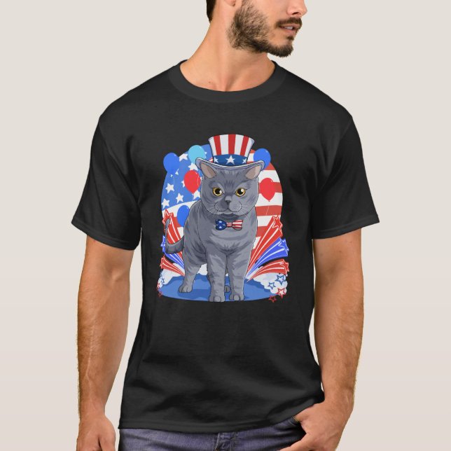 British Shorthair Merica 4th of July American Flag T-Shirt (Front)