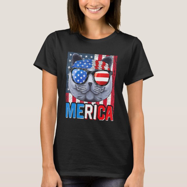 British Shorthair Merica 4th Of July Cat American  T-Shirt (Front)