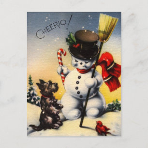 British Snowman and Scotty Dog Saying "Cheerio!" Holiday Postcard