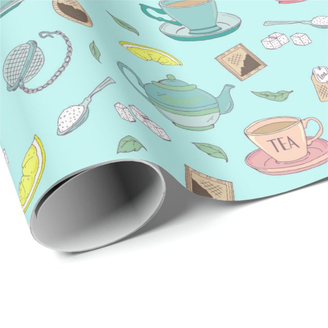 British Tea Party Teatime Teacups Teapots Pattern Wrapping Paper (Roll Corner)