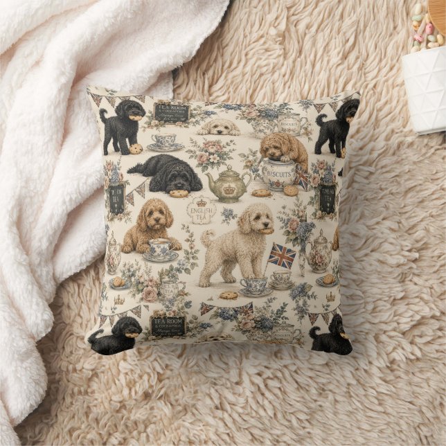 British Tea Room Cockapoo Throw Pillow (Blanket)
