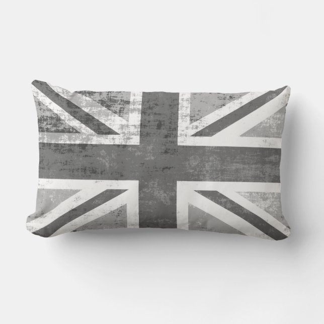 British UK Union Jack Flag in Grunge Grey Lumbar Cushion (Front)