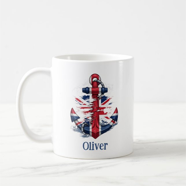 British Union Jack Anchor with Waves - Nautical  Coffee Mug (Left)