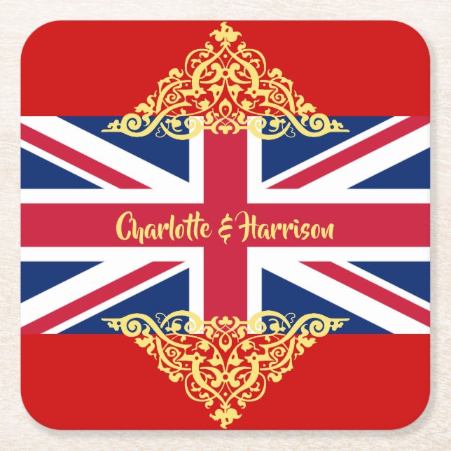 British Union Jack Flag Patriotic Wedding Square Paper Coaster (Front)