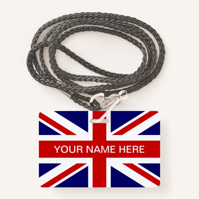 British Union Jack flag personalised name ID Badge (Front with Lanyard)