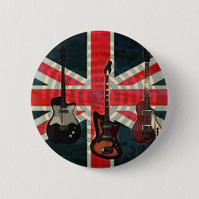 British Union Jack Flag Rock Roll Electric Guitar 6 Cm Round Badge (Front)