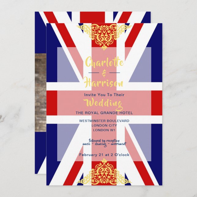 British Union Jack Red White Blue Photo Wedding Invitation (Front/Back)
