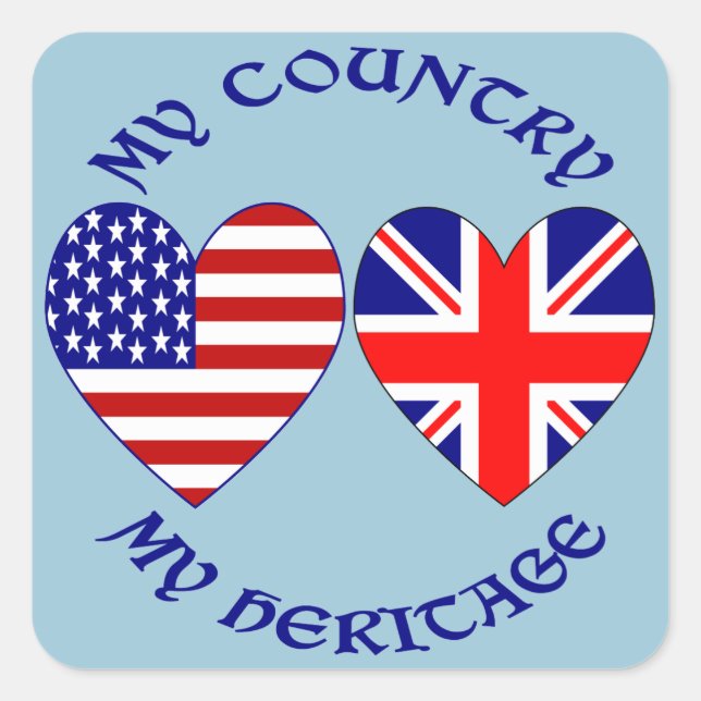 British USA Heart Flags Country Heritage Square Sticker (Front)