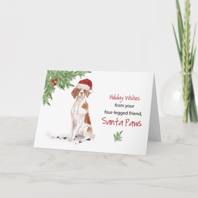 Brittany Christmas From Dog in Funny Santa Hat Card (Front)