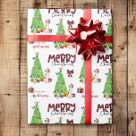 Brittany Dog, Bird and Christmas Tree Wrapping Paper<br><div class="desc">The repeated pattern on this cute Christmas wrapping paper is an image of a Brittany dog wearing a red and white Santa hat. The dog sits among brightly wrapped gift packages beside a decorated Christmas tree. A bullfinch bird is landing on the tree behind it. Stylised red and black buffalo...</div>