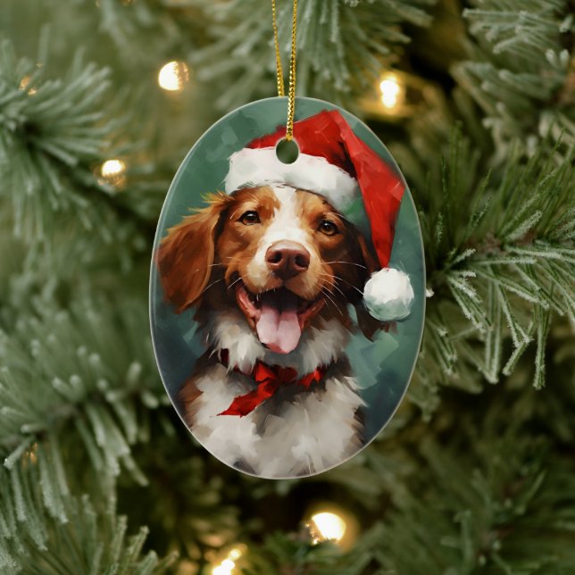 Brittany dog Christmas brush painting artwork Ceramic Ornament (Tree)