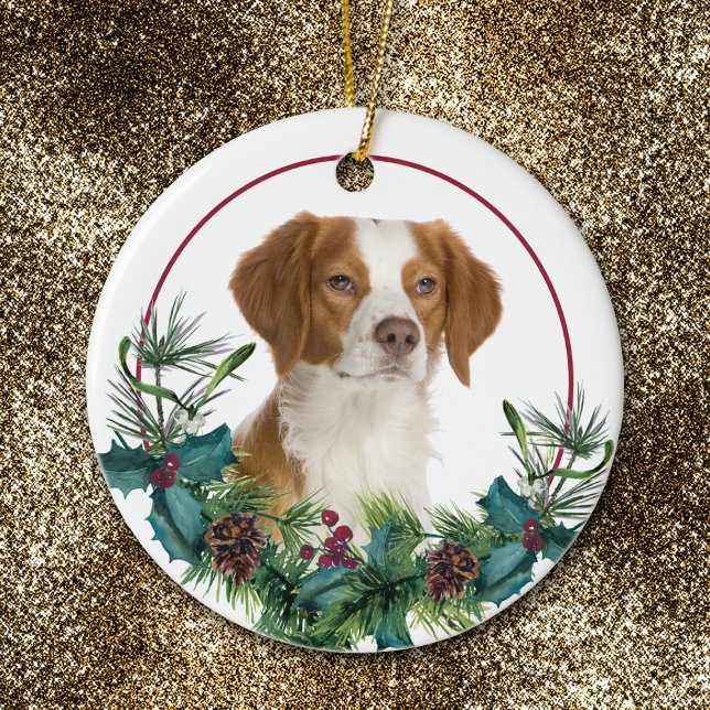 Brittany Dog Evergreen Wreath Ceramic Ornament (Creator Uploaded)