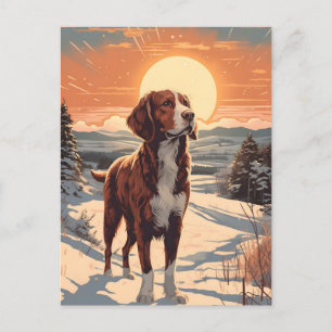 Brittany dog winter mountain forest during sunset postcard