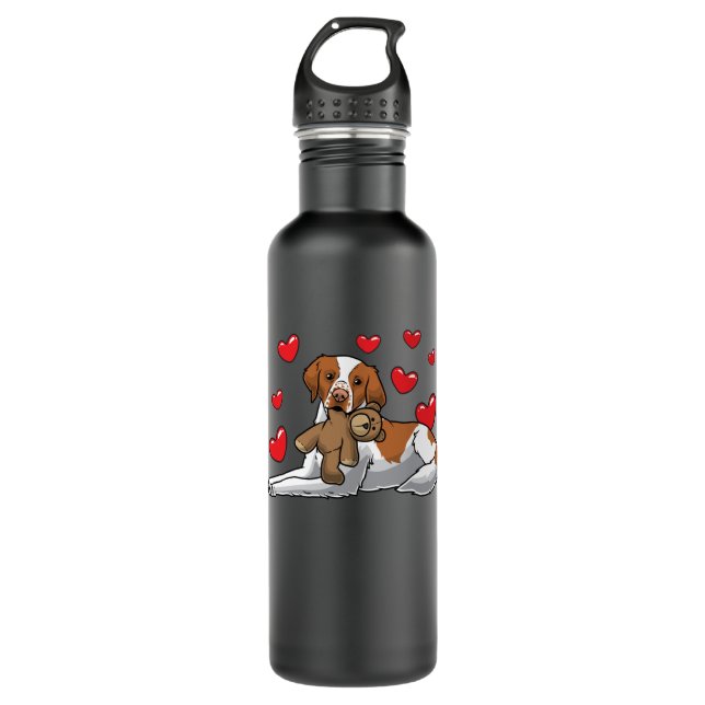 Brittany Dog With Stuffed Animal And Hearts 710 Ml Water Bottle (Front)