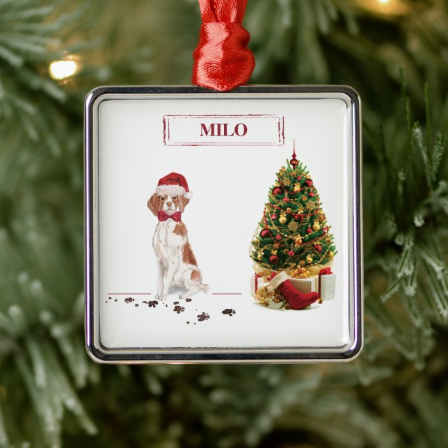 Brittany Funny Christmas Dog and Tree Metal Ornament (Tree)