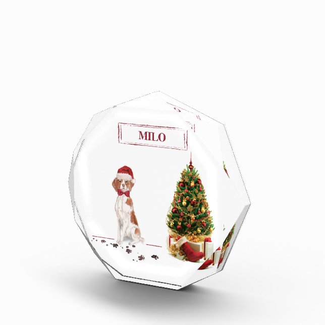 Brittany Funny Christmas Dog and Tree Photo Block (Right)