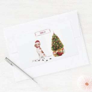 Brittany Funny Christmas Dog and Tree Rectangular Sticker