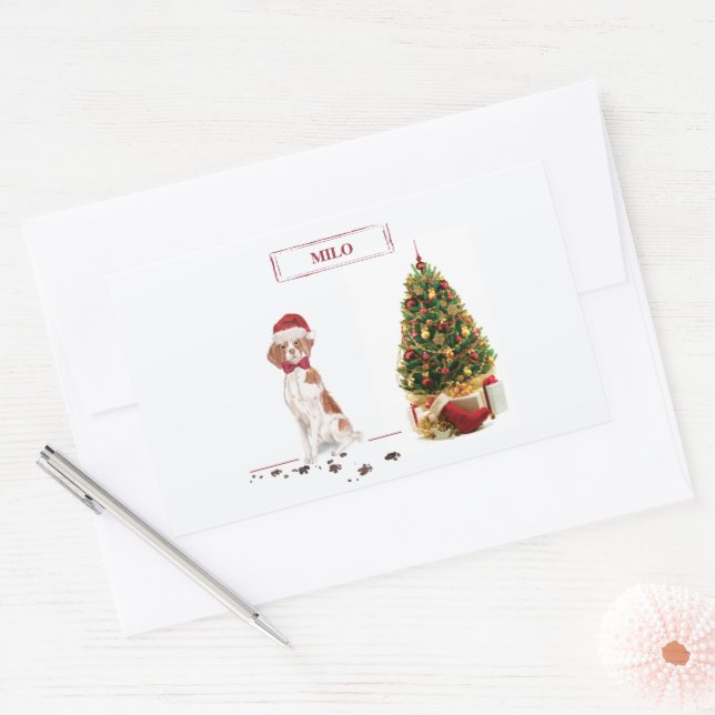 Brittany Funny Christmas Dog and Tree Rectangular Sticker (Envelope)