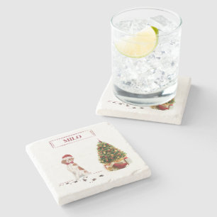 Brittany Funny Christmas Dog and Tree Stone Coaster