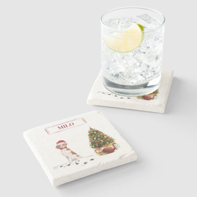 Brittany Funny Christmas Dog and Tree Stone Coaster (Side)