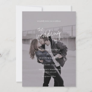 Brittany Modern Elegant White Script Photo Wedding Invitation