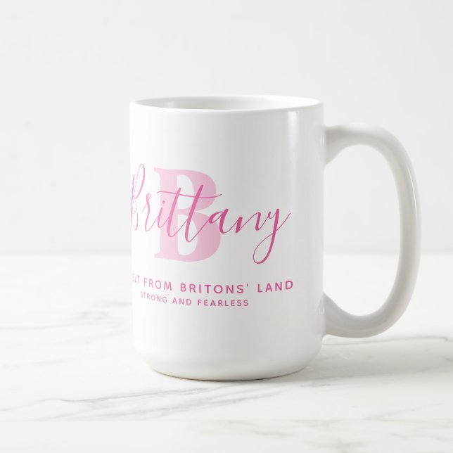 Brittany name meaning and monogram pink text coffee mug (Right)