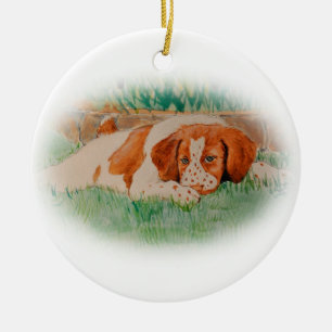 Brittany puppy ceramic tree decoration