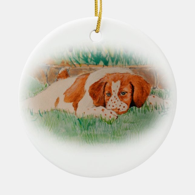 Brittany puppy ceramic tree decoration (Front)