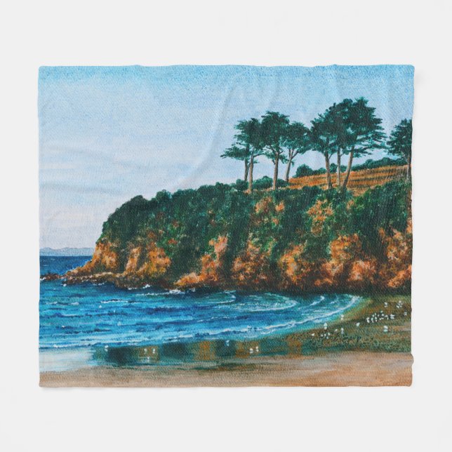 Brittany Rocky Coast Beach Acrylic Painting, cosy Fleece Blanket (Front (Horizontal))