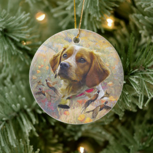 Brittany Spaniel Art , Pheasant hunting Ceramic Ornament
