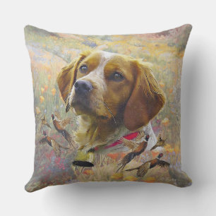 Brittany Spaniel Art , Pheasant hunting Cushion