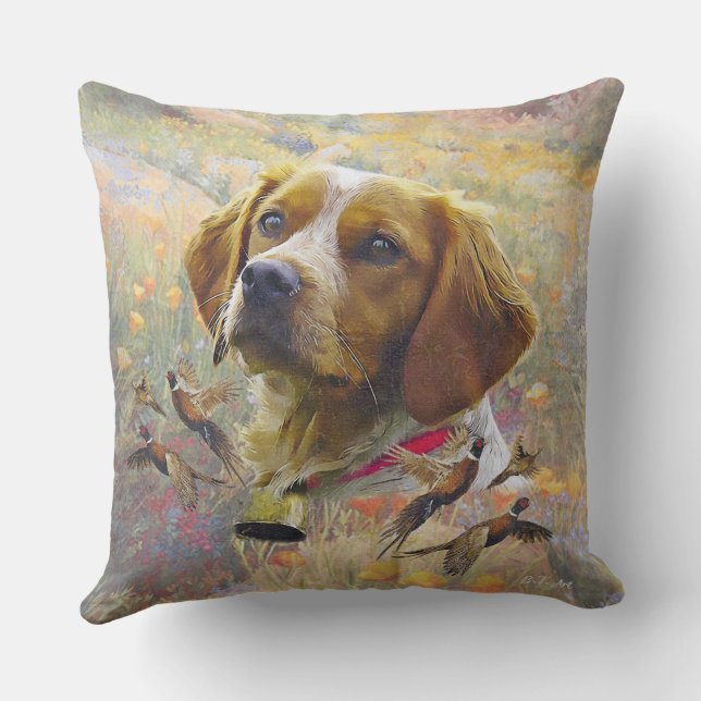 Brittany Spaniel Art , Pheasant hunting Cushion (Back)