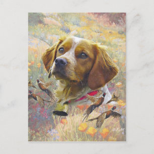 Brittany Spaniel Art , Pheasant hunting Holiday Postcard
