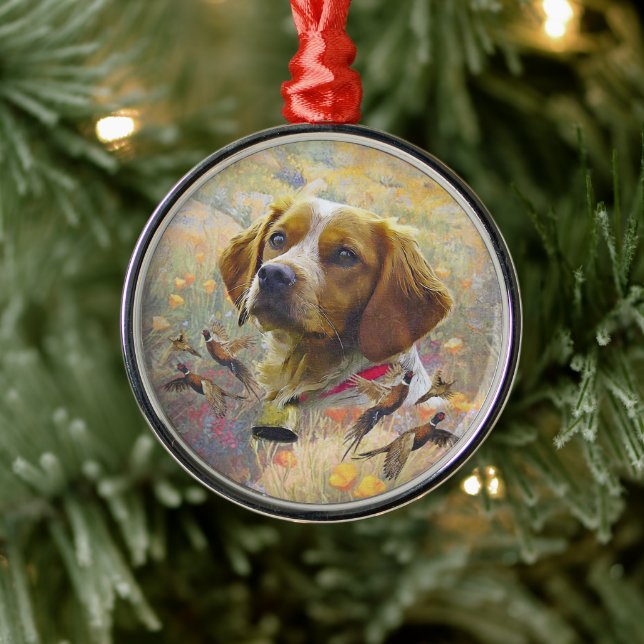 Brittany Spaniel Art , Pheasant hunting Metal Ornament (Tree)