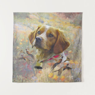 Brittany Spaniel Art , Pheasant hunting Tapestry