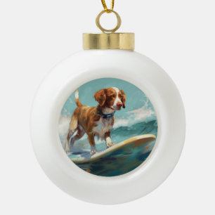 Brittany Spaniel Beach Surfing Painting  Ceramic Ball Christmas Ornament