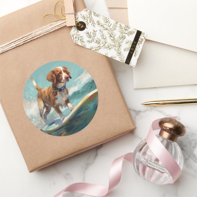 Brittany Spaniel Beach Surfing Painting  Classic Round Sticker (Gifting)